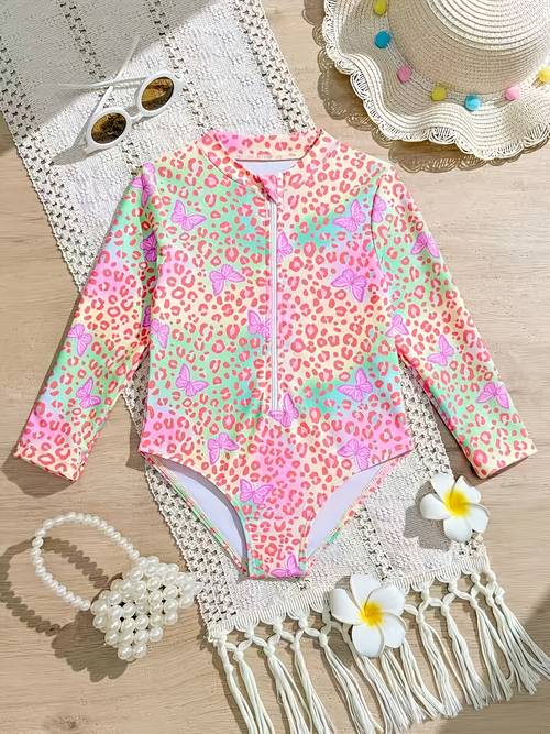 girls long sleeve 1pc swimsuit with leopard print gradient design cute beach pool vacation swimwear