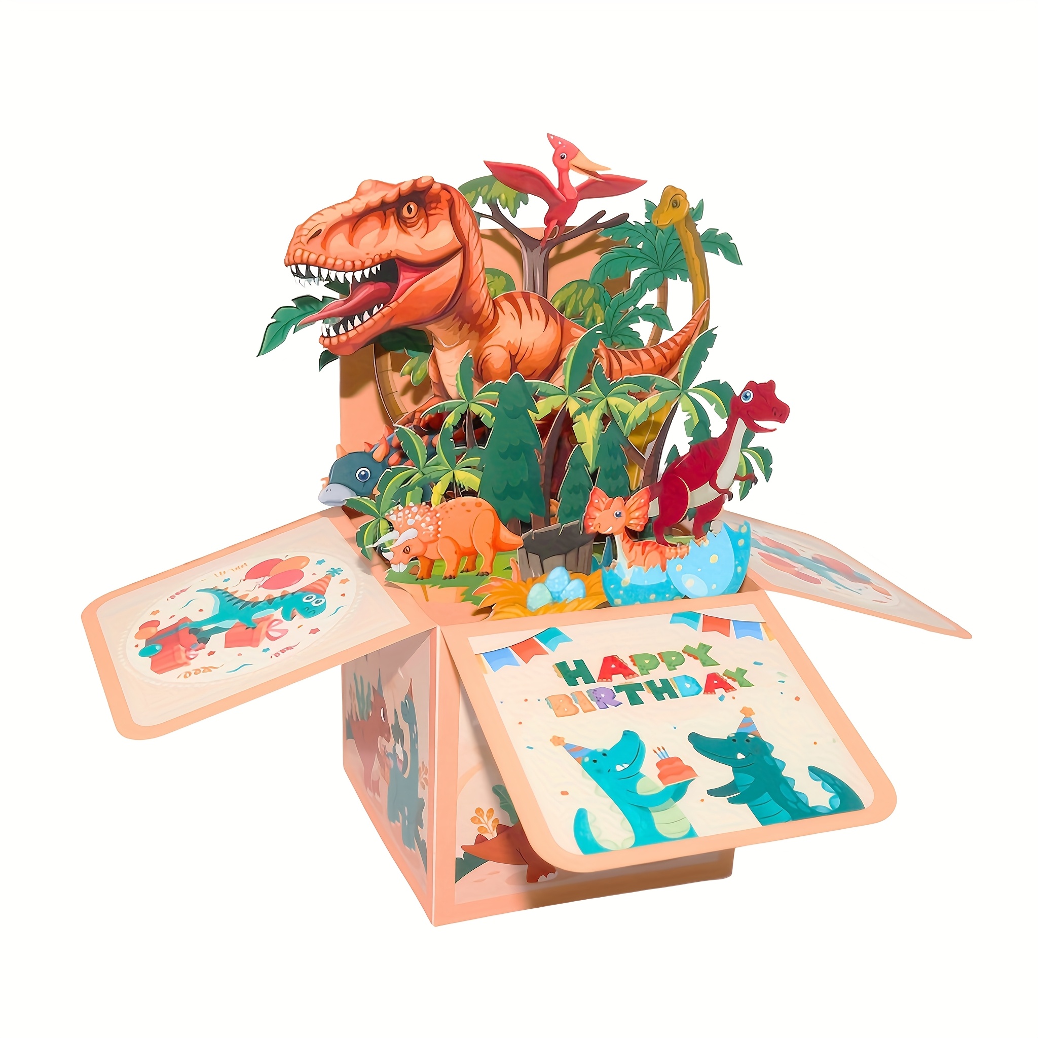 1pc Dinosaur Hapyy Birthday Pop-up Box Card, Writing Area On The Reverse Side, Greeting Card For Birthday