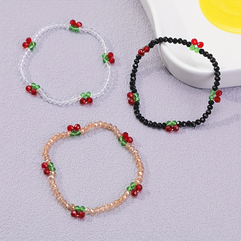 Cherry Bead Stretch Bracelet with Sparkling Crystals for Women