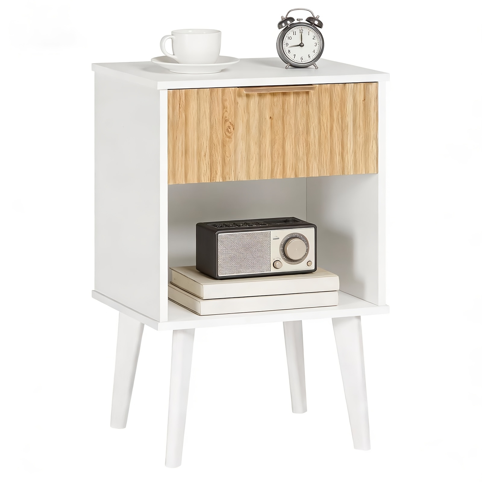 Image of Bedside Table With Storage Drawer And Open Wood Shelf | Recessed Mid-century Style Nightstand, Suitable For Living Room And Bedroom, White And Natural , Made Of Wood