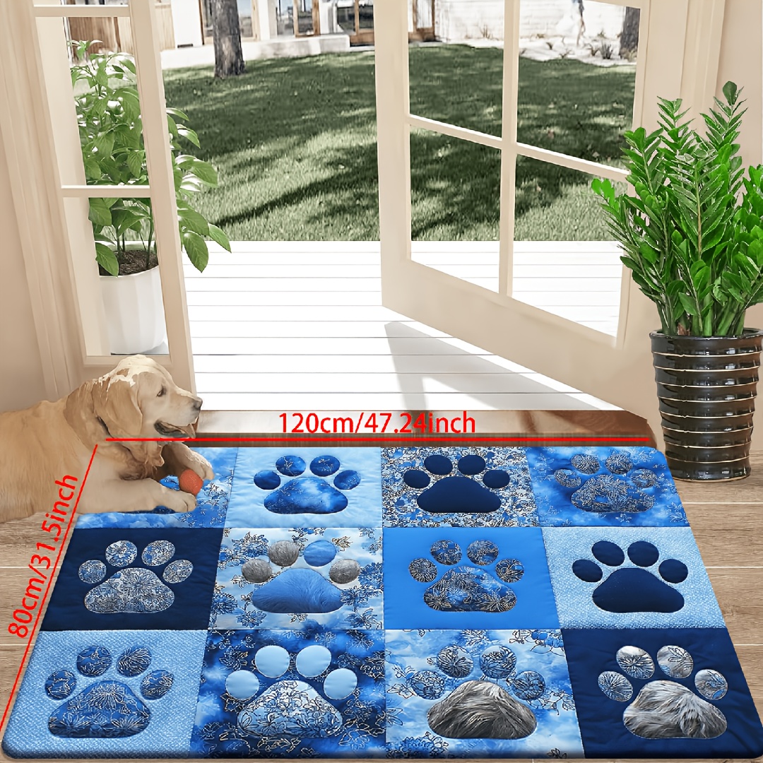 TEMU [ Product] [flannel And 1cm Thick Sponge Material] Fun Door Mat | Blue- Paw Print Pattern Printed Mat, Suitable For Bedroom, Kitchen, Dining