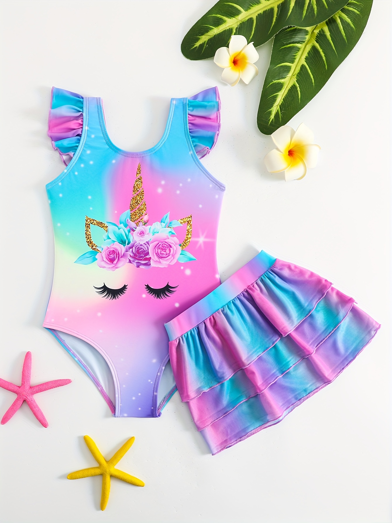 Baby&Toddler Girl Unicorn 1pc Swimsuits with Mesh Swim Skirt Ruffled Shoulders Children Swimwear for Kids Girl Bathing Suits