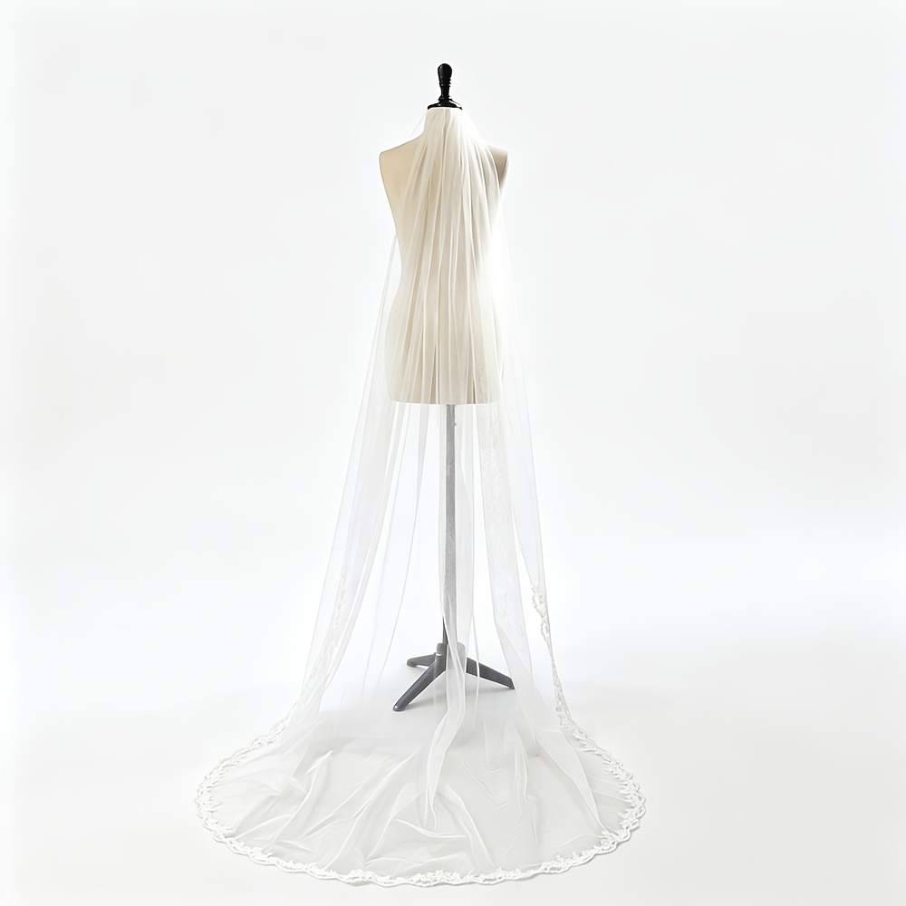 TEMU 1pc 230cm Elegant Lace Appliqué Edge Bridal Veil Single Layer Soft Tulle Marriage Wedding Veil Additions For Women