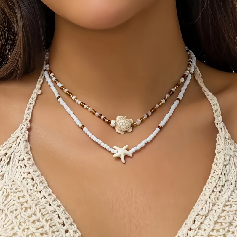 

2pcs/set Shell & Starfish Charm Beaded Necklaces, Boho Vintage Style, Resin Rice-shaped Beads, Versatile Beach Jewelry Set