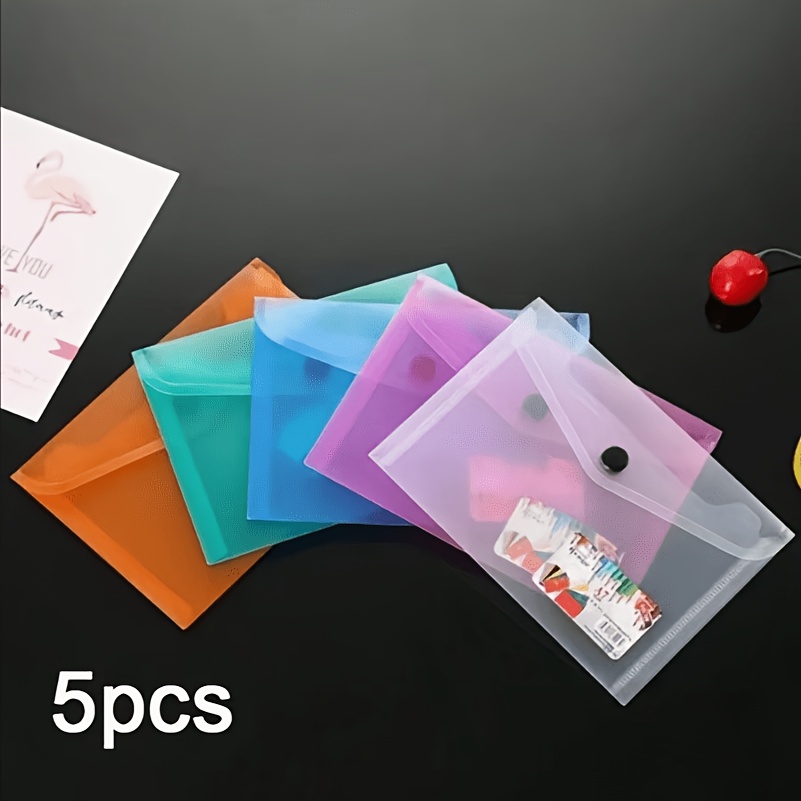 TEMU 5pcs A7 Sacs de classement transparents et colorés, fermeture à bouton-pression, sac de rangement de bureau en PP durable, sac organisateur de