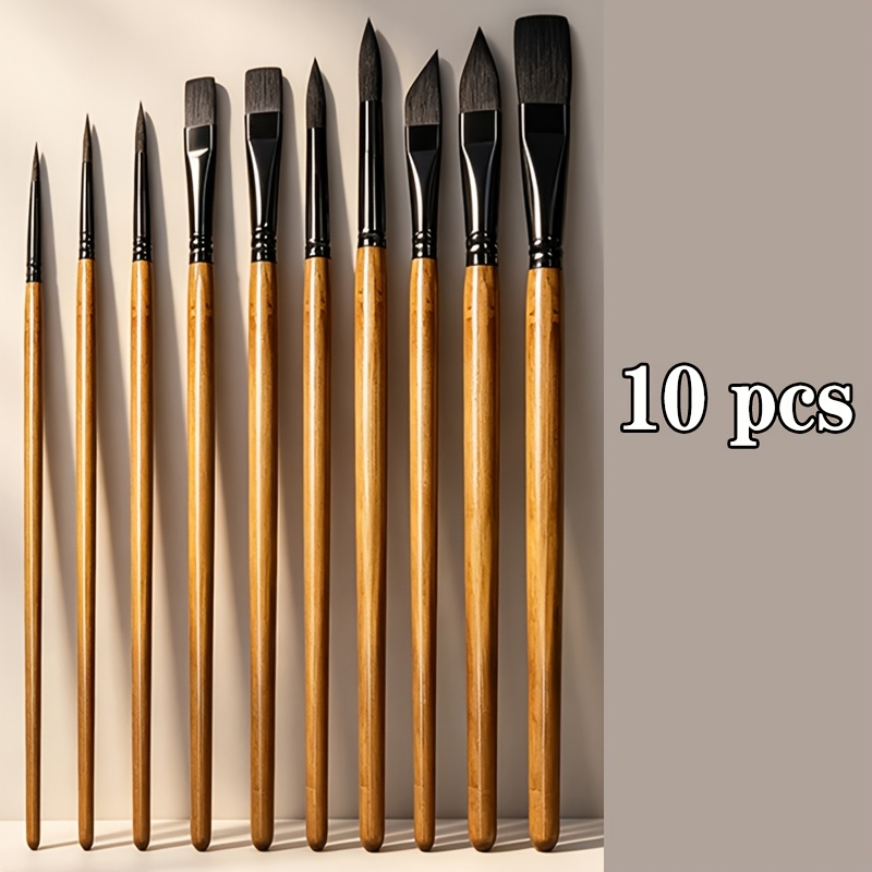 TEMU 10pcs Multi-style Brush Head Professional Art Paint Brush Set, Nylon Hair Pointed Flat Oval Brush, Suitable For Watercolor, Acrylic, Oil And