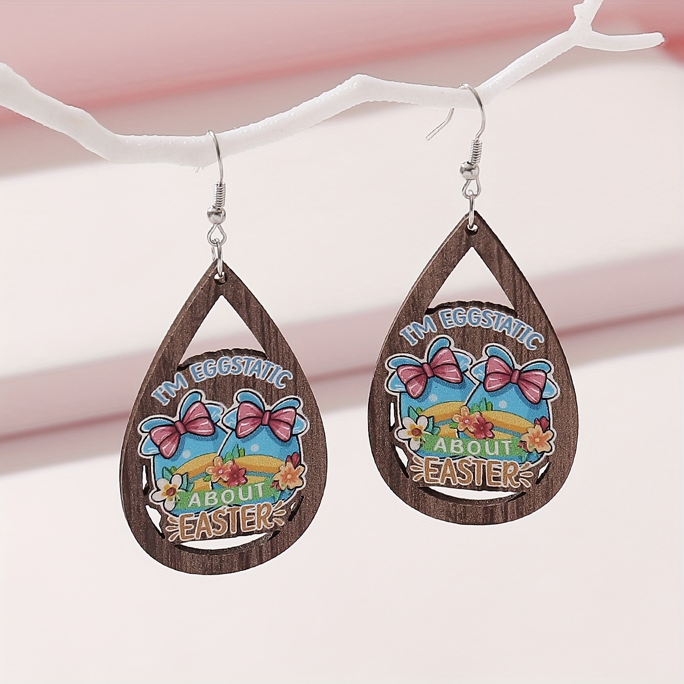 Colorful Easter Wooden Earrings - Bunny Rabbit & Carrot Dangle Earrings
