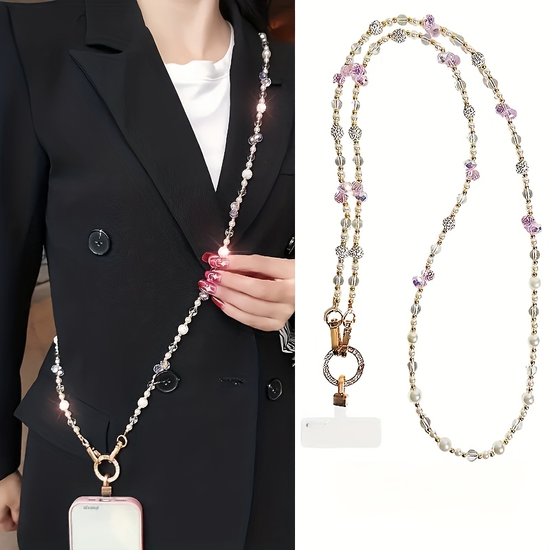TEMU Elegant Long Phone Strap With Sparkling Beads - Durable Polypropylene, Adjustable Length, Perfect For Women, Ideal For Phone Protection, Phone Accessories