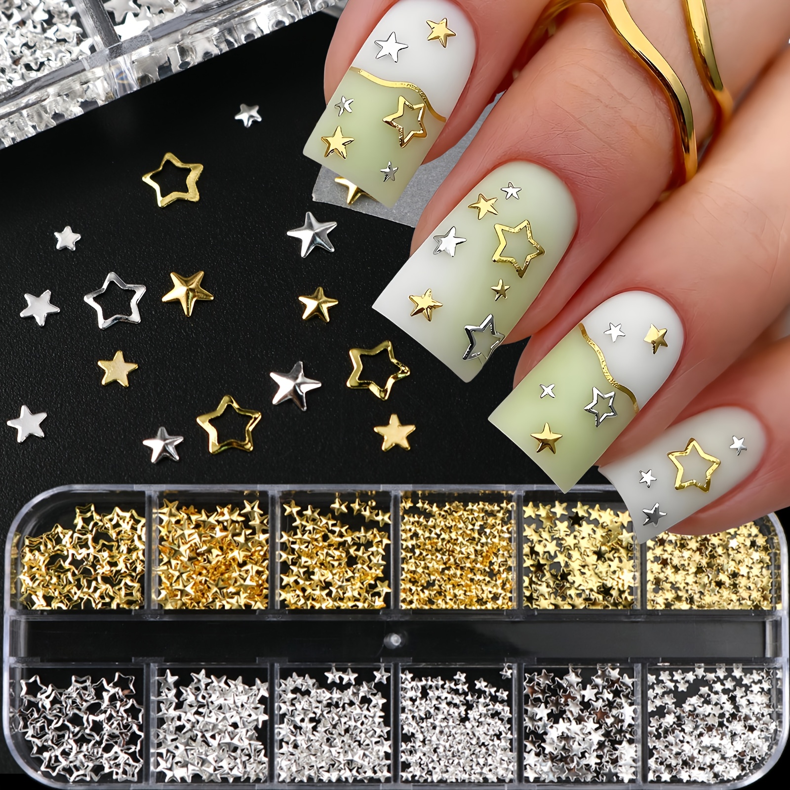 TEMU 12 Grids Golden Silvery Star Metal Nail Studs, Hollow Solid -pointed Star Nail Charms, Stereo Star Nail Decor For Galaxy Sky Theme Holiday/party