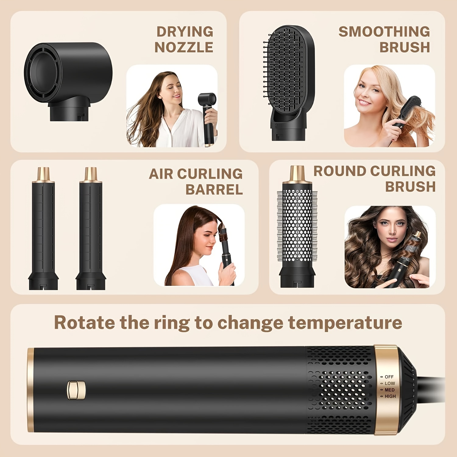 5-in-1 Haarstyler Hete Luchtborstel Afneembare Borrelkruller Air Curling Wrap Stylist Upgrade Heetluchtborssel Krultang Beklede Kwast, Verzorgingsgereedschap voor het krulden en stijlen van haar. Geschikt als haardroger of salon styletool