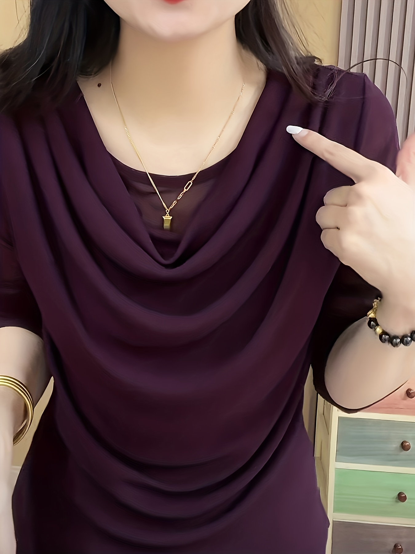 Spring/Autumn New Arrival Women's Round Neck Slouchy Long Sleeve Mesh Top, Elegant and Stylish Base Layer Top with a Touch of Sophistication