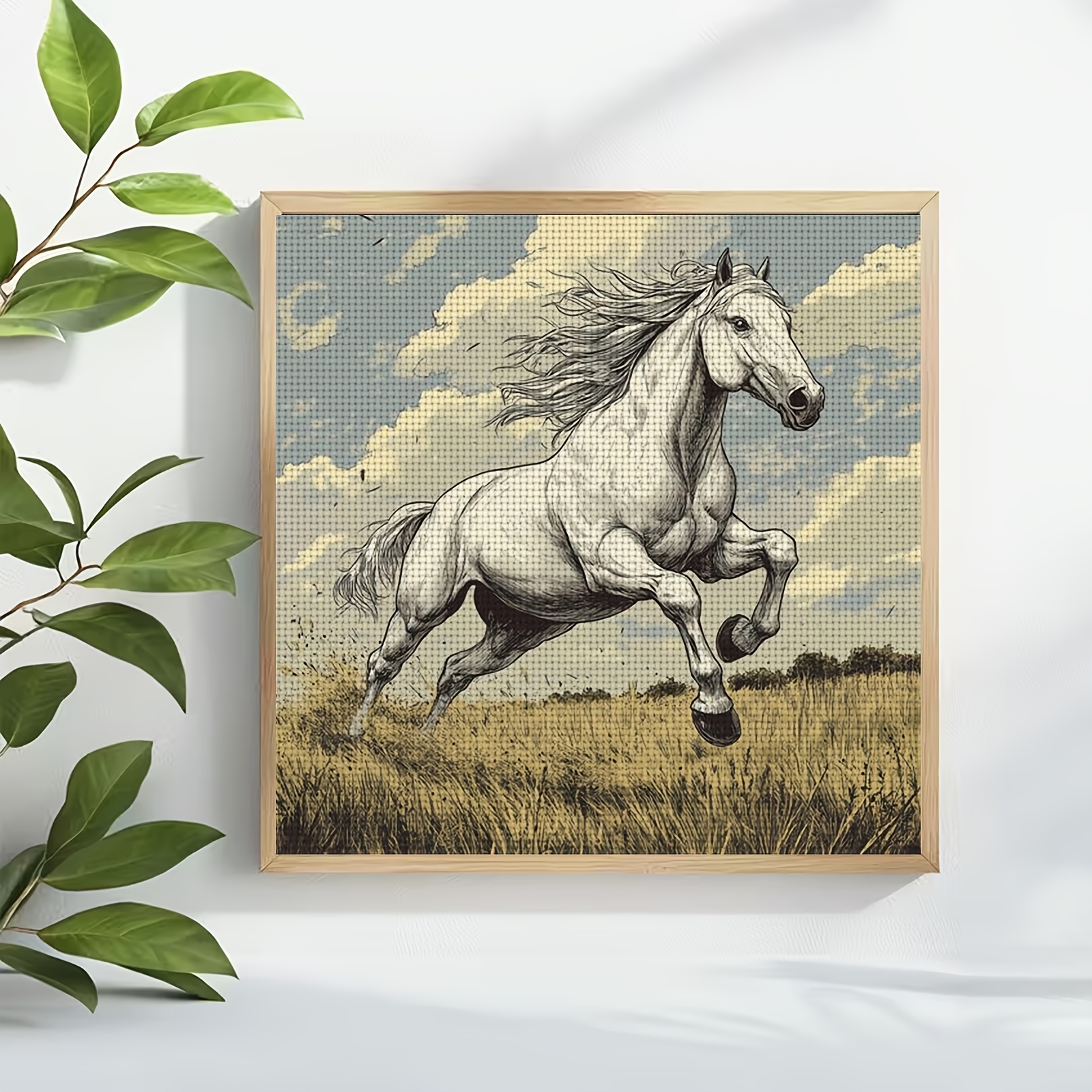 DIY Cross-Stitch Printed Kit, Unframed, "White Horse Galloping on Meadow" Pattern