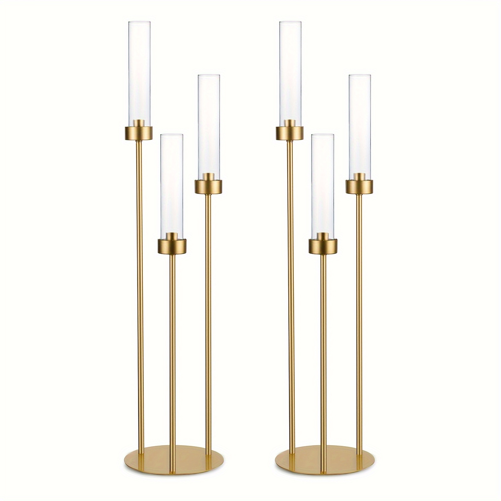2pcs Golden Candelabra For Home Decor, 3 Arm Candle Holders Centerpiece, Taper Candle Holders With Acrylic Shades For Table, Halloween, Christmas, Wedding, Valentine's Day, Party Decorative