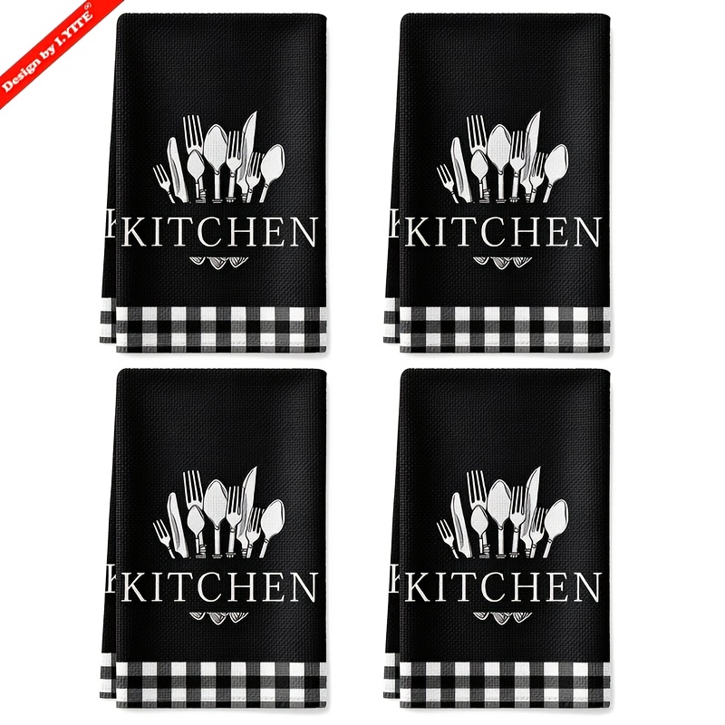 TEMU 4pcs Set, Soft And Super Absorbent Microfiber Kitchen Towels 16x24 Inch - Spoon And Fork Design, Perfect For Drying Dishes And Hands, Ideal For