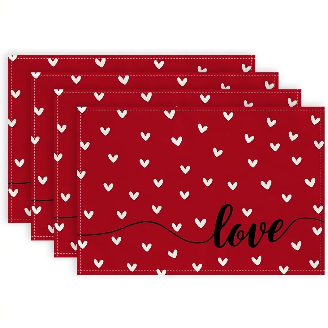 

Valentine's Day Love Heart Placemats Set Of 4 - Red Burlap , Machine Washable, Square Table Mats For Romantic Dining & Wedding Decor