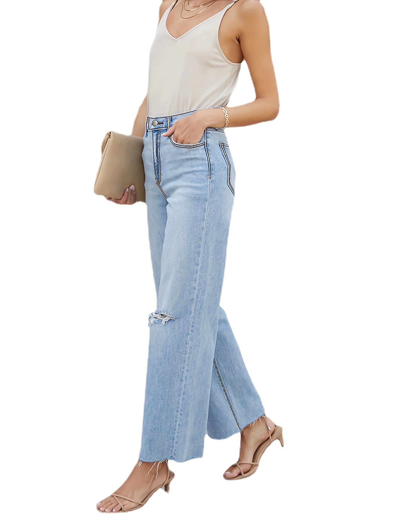 s high waisted stretch skinny jeans distressed ripped knee Temu