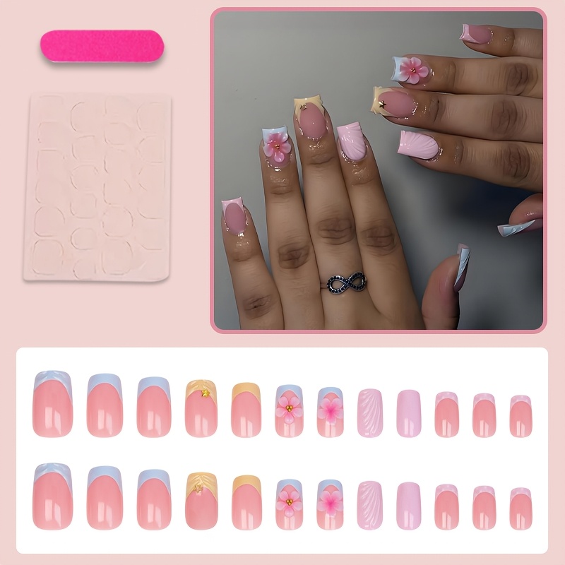 TEMU 24pcs Medium Square Press-on Nails, Nude Pink Fake Nails With Pastel Blue Tip, 3d Flower, Shell Textured & Tiny Charms, Glossy Sweet Coquette
