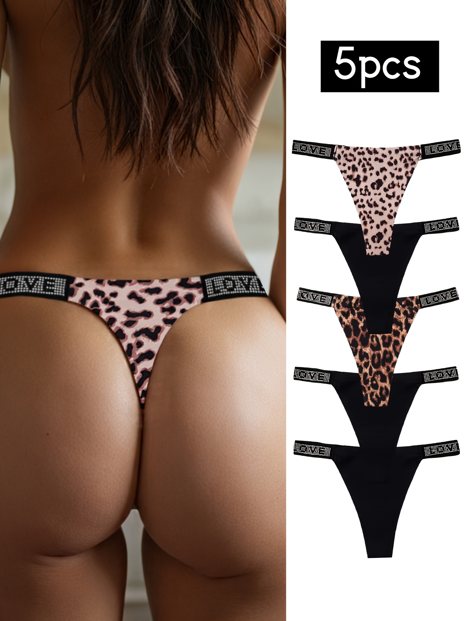 5pcs Women'S Sexy Thong Underwear - Soft, Breathable, Quick-Dry Solid Color Leopard Print & Black V-Neck Design, Comfortable Drop Waist Panties for Casual Attire, Quickdry Underwear | Sexy Thong Design | Comfortable Fit