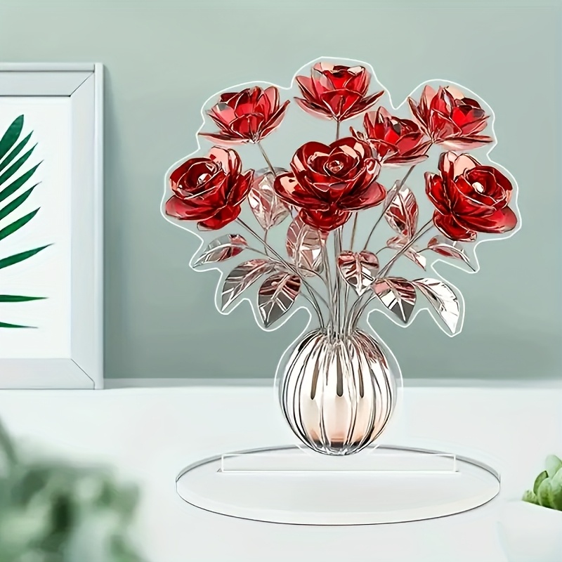 

1pc Style 2d Crystal Rose Tabletop Decor With Vase, Log Material, Multipurpose Flower Theme, Ideal Gift For Wife Or Girlfriend, No Power Or Battery Needed, Valentine's Day And Anniversaries