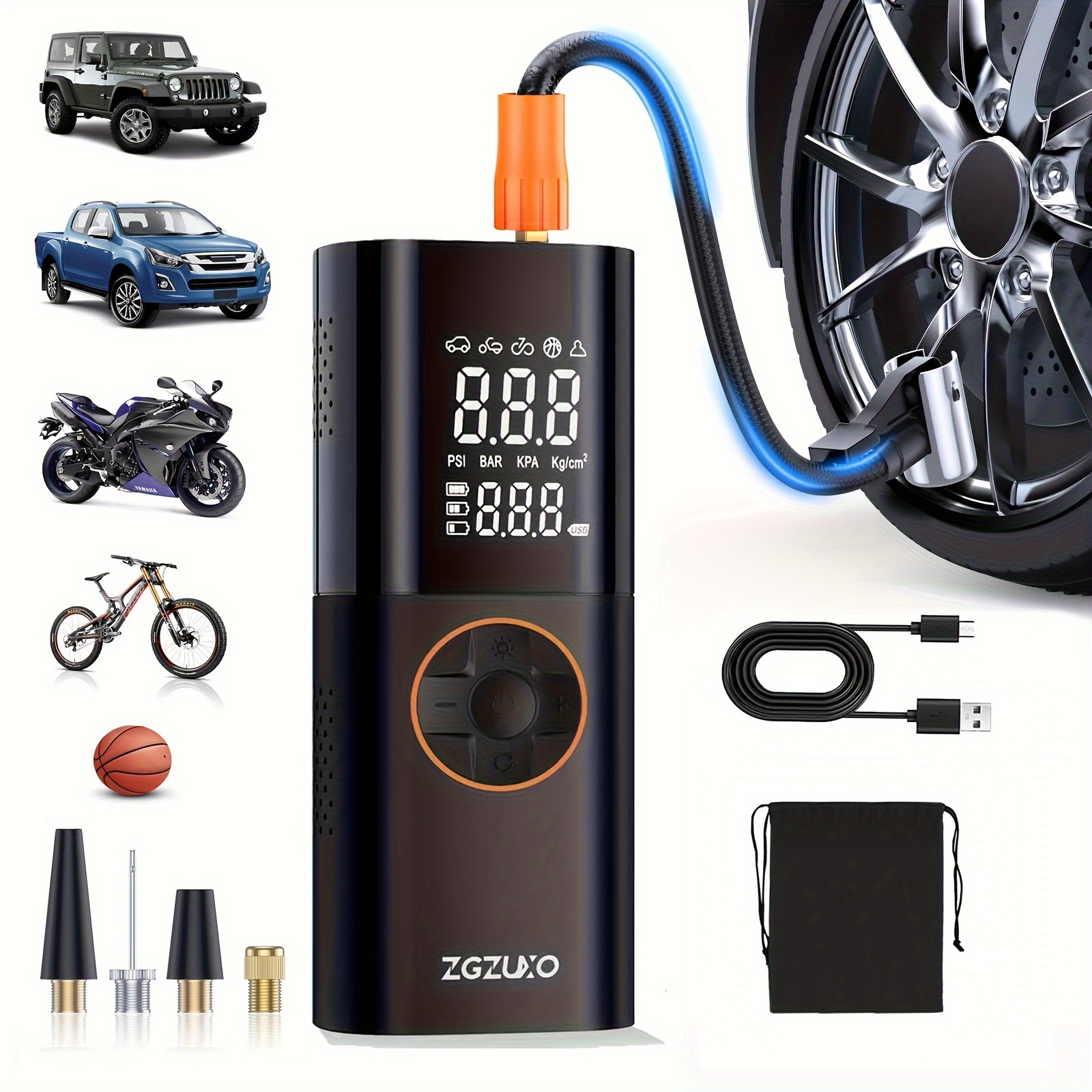 TEMU Gonfleur de pneus Compresseur d'air portable, 150PSI Pompe à air portable pour pneus de avec batterie 25000mAh, Pompe à air électrique 2X plus