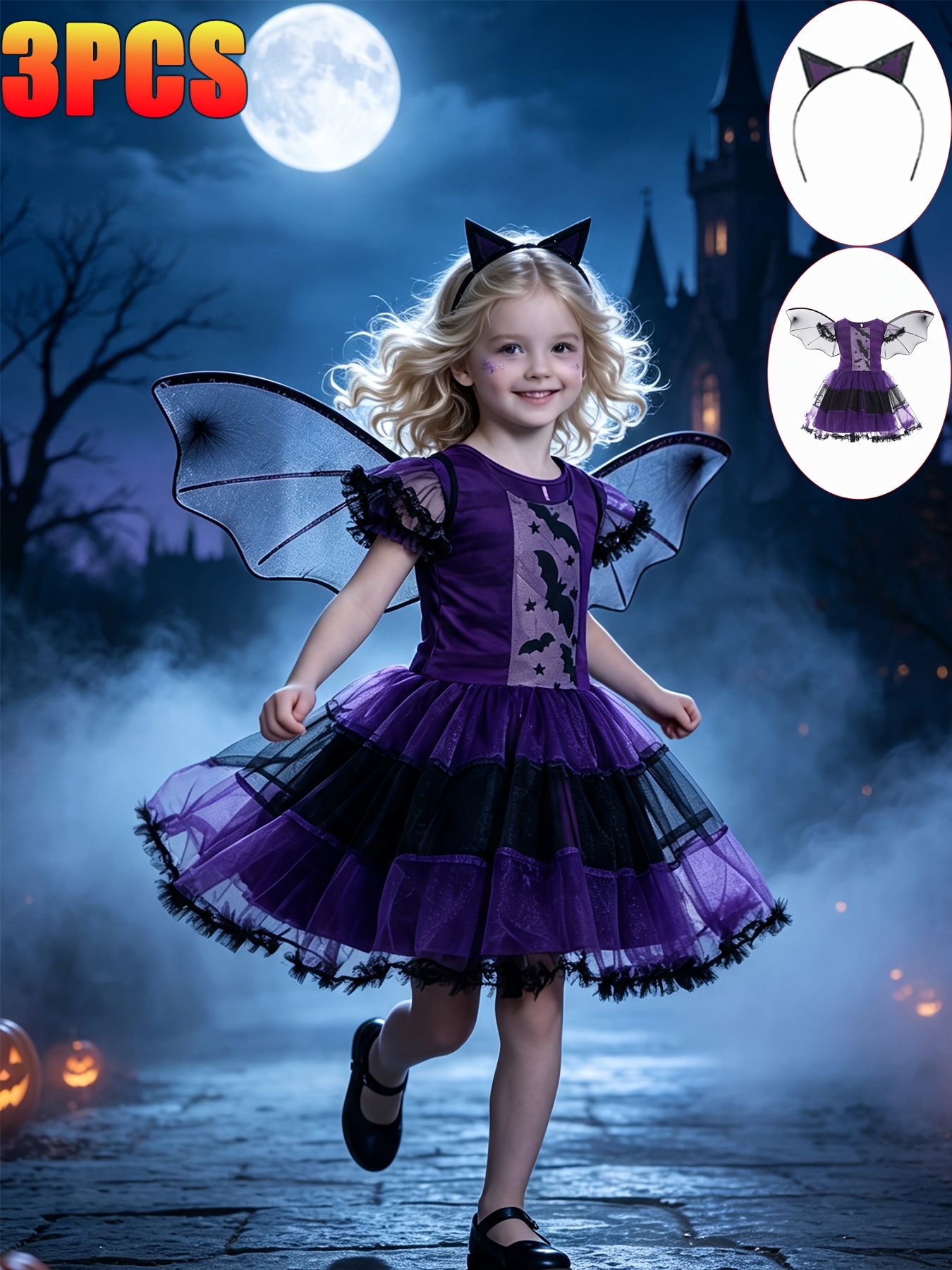 Girls' Halloween Princess Dress 3-Piece Set with Accessories