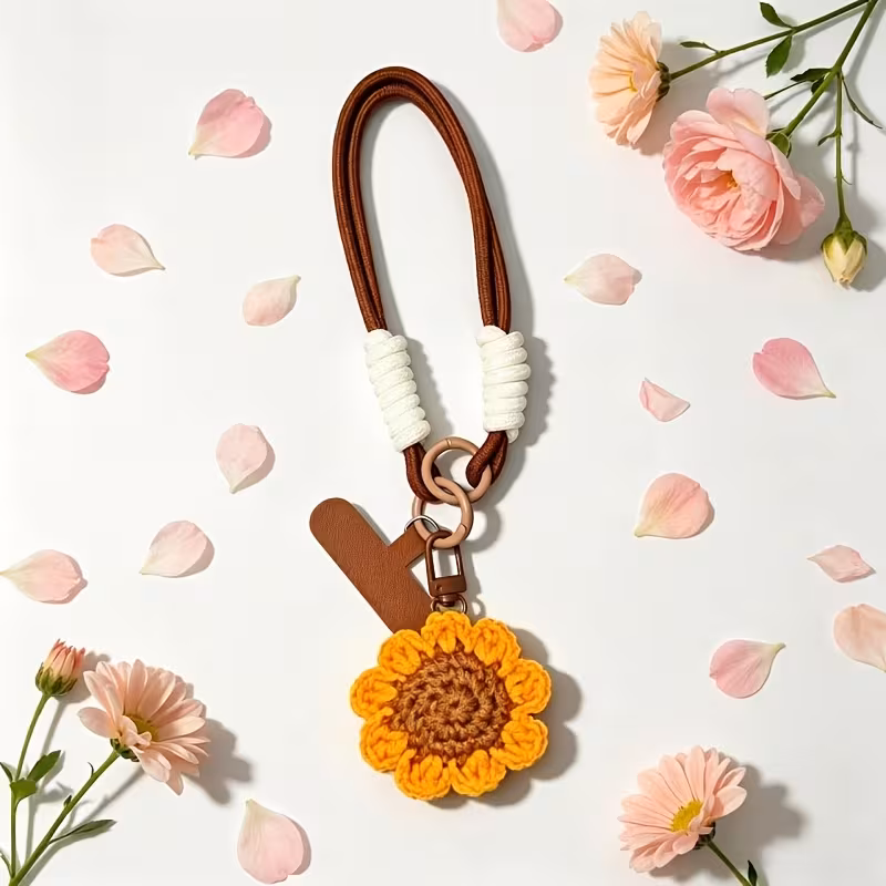 1pc handmade crochet 3d sunflower phone lanyard korean woven flower wrist strap universal phone case built in patch anti lost hanging chain multi functional keychain bag earphone pendant best friend gift small accessory Product details 3