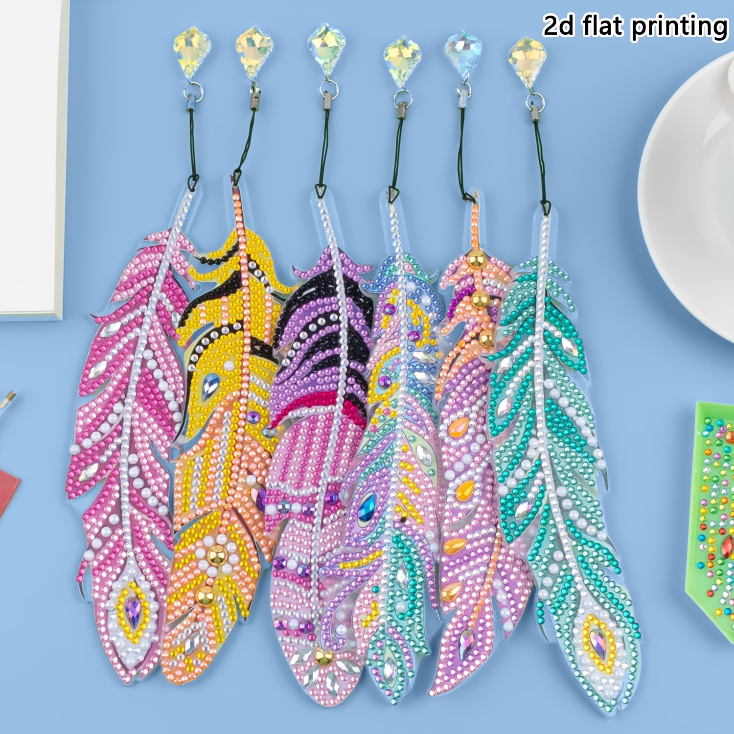Image of 2d Flat Printing 6-pack Diamond Painting Bookmarks Feather Bookmarks For Home Office School Classroom Crystal Pendant Bookmarks 5d Diamond Painting Kit For Beginners Christmas Holiday Handmade Gifts