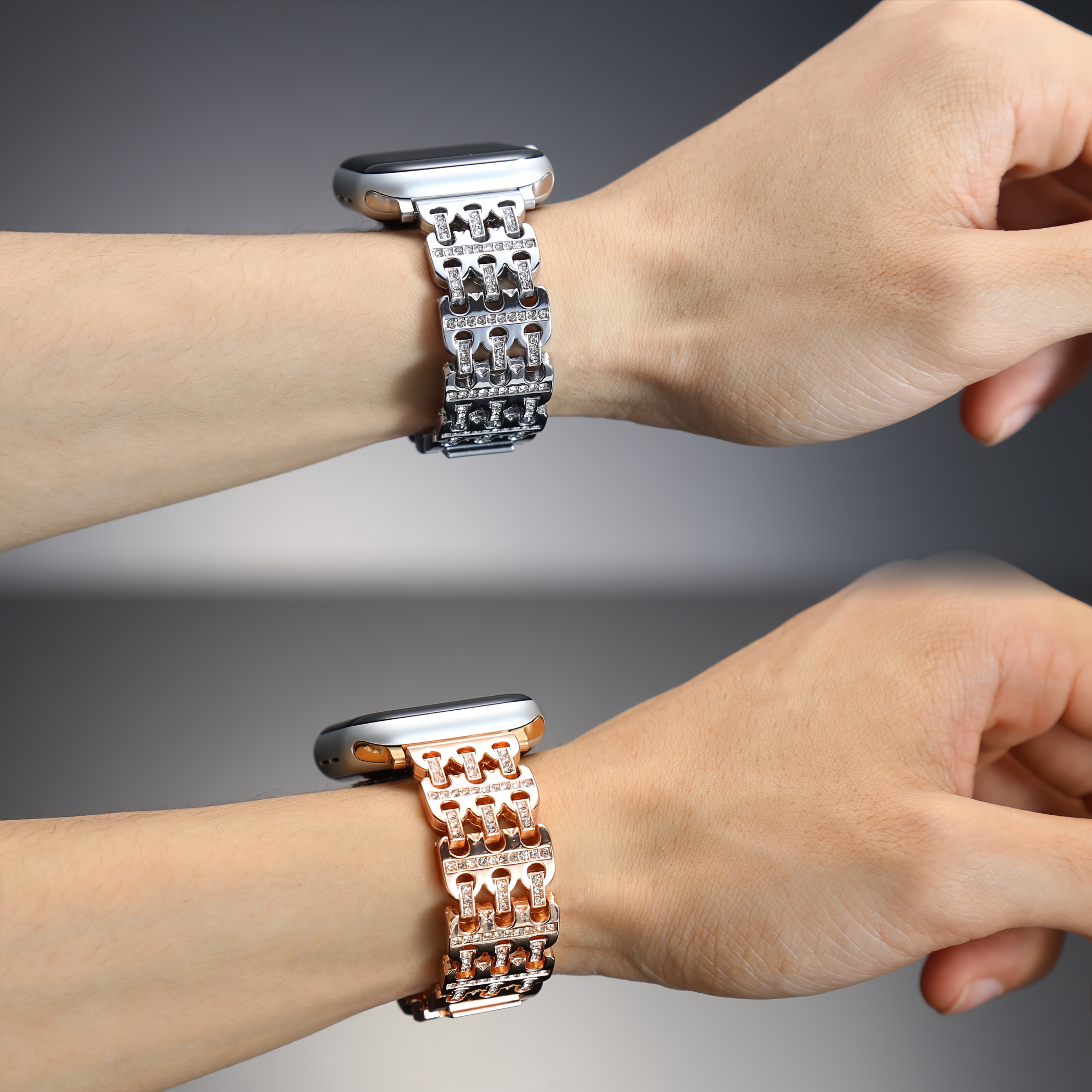 Luxury Bling Metal Watch Band for Apple Watch - Rose Golden/Silvery/Black/Golden Stainless Steel Replacement Strap with Diamond Design, Compatible with iWatch S10/Ultra 1/Ultra 2/S9/S8/S7/S6/S5/Series 4/SE