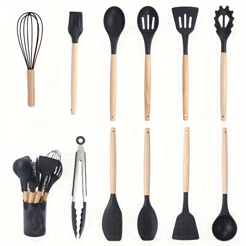 TEMU 12pcs Wooden Handle Silicone Kitchenware 12pcs Cooking Spoon Set Kitchen Cooking Tools