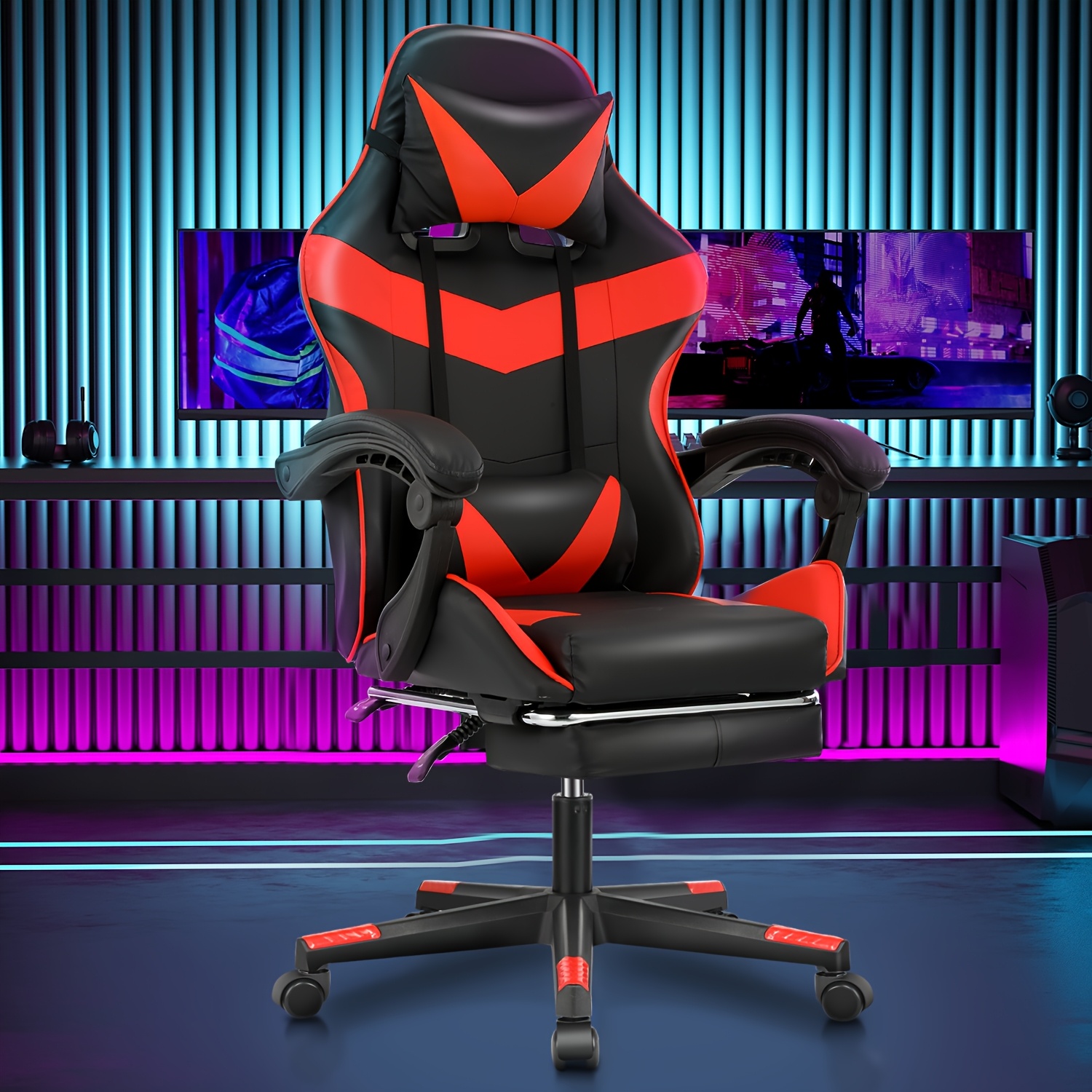 E-shop Ergonomischer Gaming-Stuhl mit höhenverstellbarer & neigbarer Rückenlehne, -Stuhl mit hoher Rückenlehne für Heimbüro & Gaming-Setup (Schwarz &