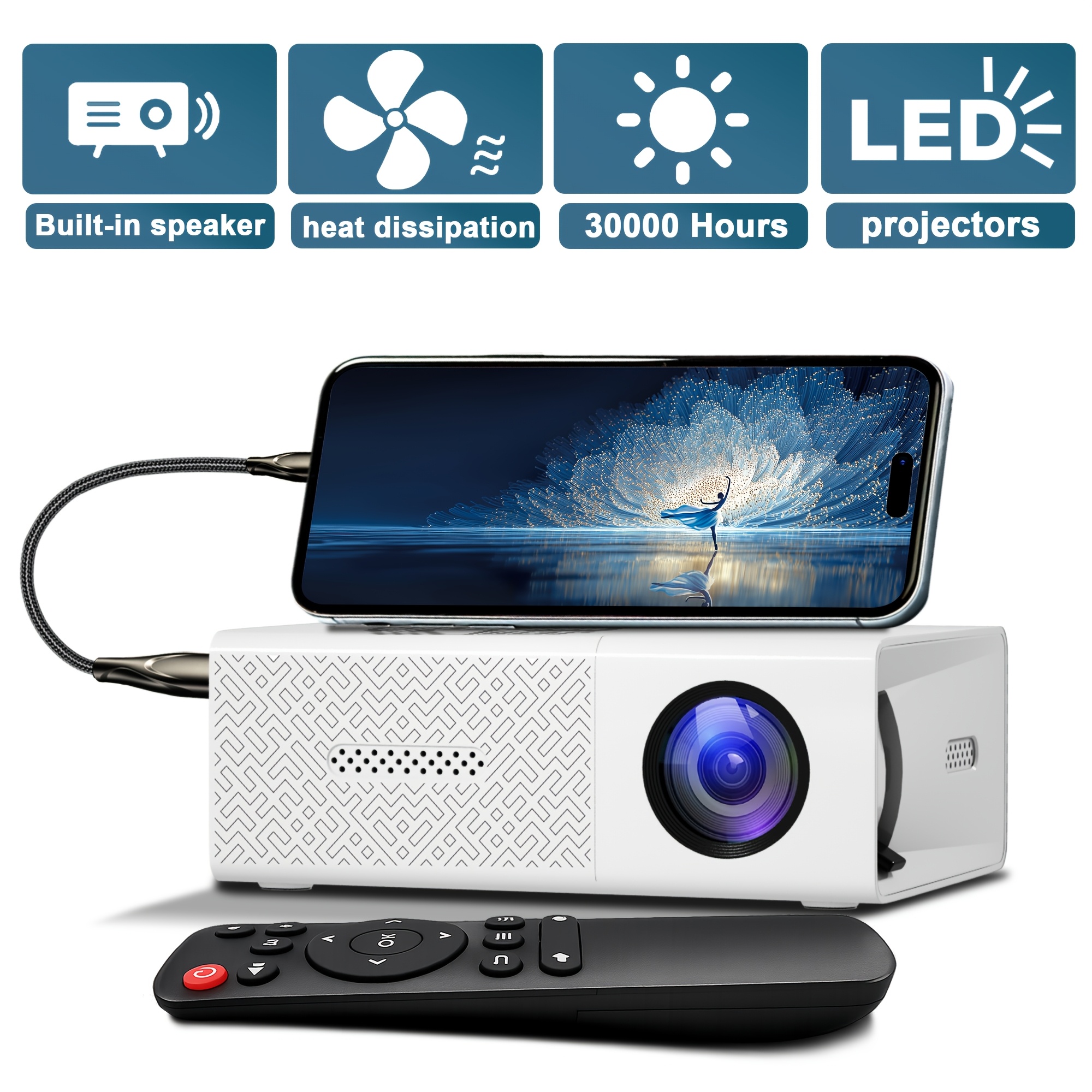 High-definition Mini Projector, Portable Projector, Video Projector, Home Projector, Wired Screen Mirroring For Mobile Phones, Compatible With Smartphones, Computers, Remote Control, USB Drive, And TV — Zaynora Luxury Marketplace