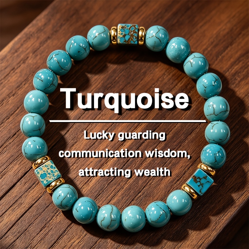 TEMU Natural Turquoise Bracelet With Round And Square Spacer Beads; Designed To Wealth And Wisdom While Offering Protection. A Stylish