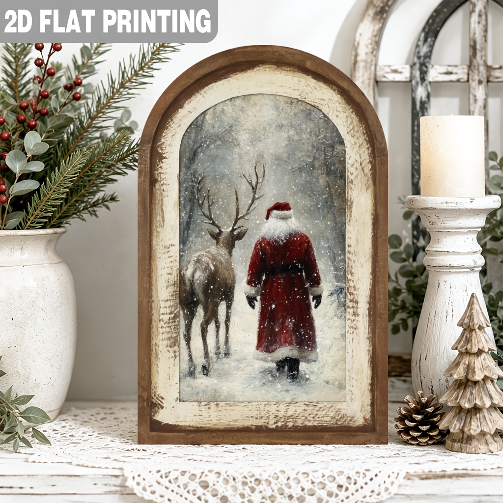 TEMU 2d Flat - 2d/flat, 1pc Pack, Rustic Santa Claus And Reindeer Walking In The Wooden Sign Winter Wall Decor Ornament, Suitable For Christmas,