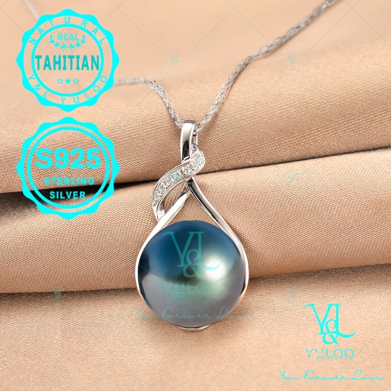 TEMU Round Black Pearls 11-12mm 925 Sterling Silver Pendant Necklace 18+2/20+2 Inches - Gifts For Mom, Wife, Anniversary, , Birthday, Christmas, Valentine's Day