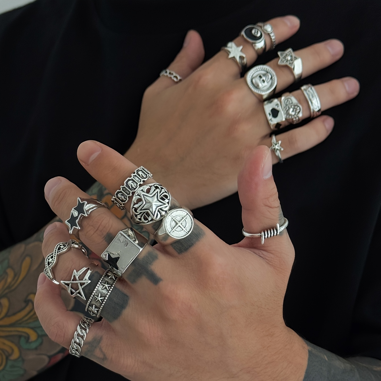 TEMU 20 piezas/juego de anillos de índice individuales cuadrados, modernos, vintage y de calidad para hombre - Combinación casual a , llenos de