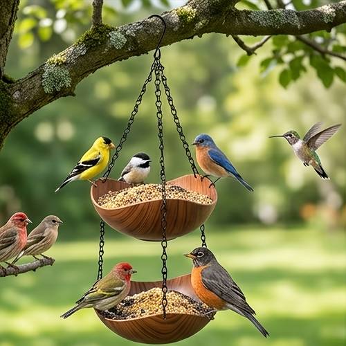 1-Tier/ 2-Tier Hanging Bird Feeder & Bird Bath, Simulated Wood Grain . with Thickened Metal Chains and Solid Hooks Suspension Free of Wobble, Suitable for , Courtyards, Gardens and Backyards.