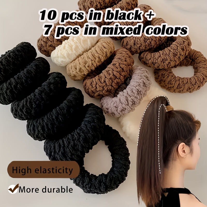 TEMU 17pcs Popcorn Wide Thick Hair Ties 10pcs Black 7pcs Mixed Colors Beige Coffee Mixed Easy Hair Bands High Non-constricting Bun Maker Anti-slip