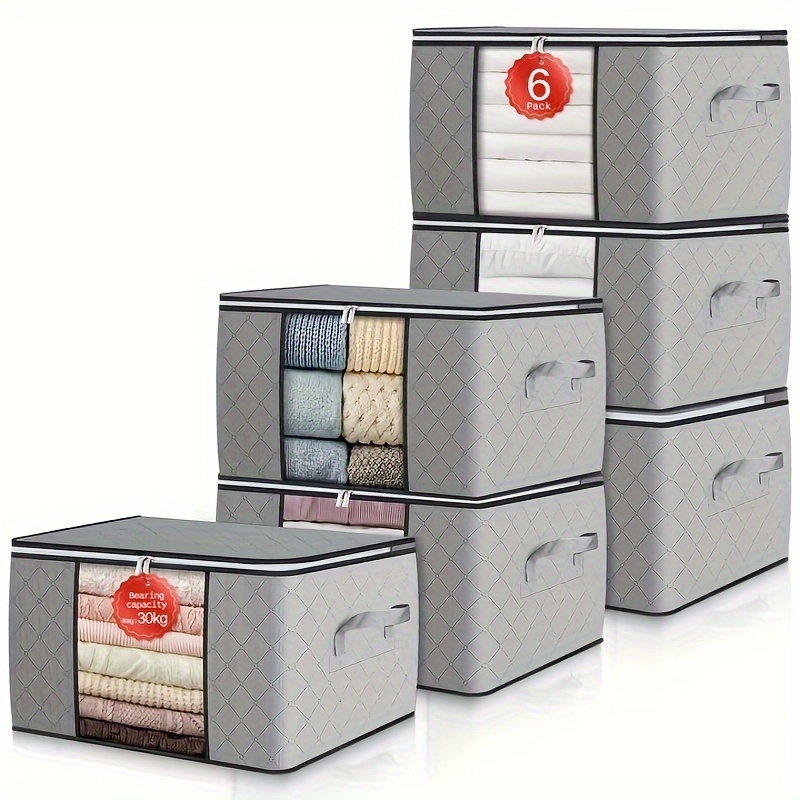TEMU 6 Pack 60l Clothes Storage Bags Large Storage Box With Lid Packing Boxes For With Reinforced Handle Thick Fabric Clear Window For Clothes Duvet
