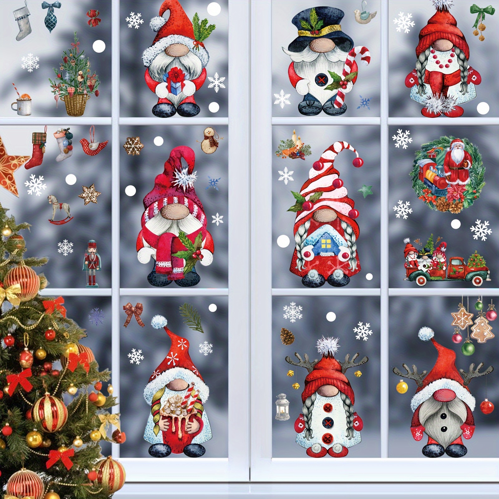 Image of 103pcs Christmas Window Stickers - Christmas Window Stickers For Windows, Christmas Gnome Window Stickers With Snowflakes, Double Sided Static Window Stickers, Christmas Window Decals (9 Sheets)