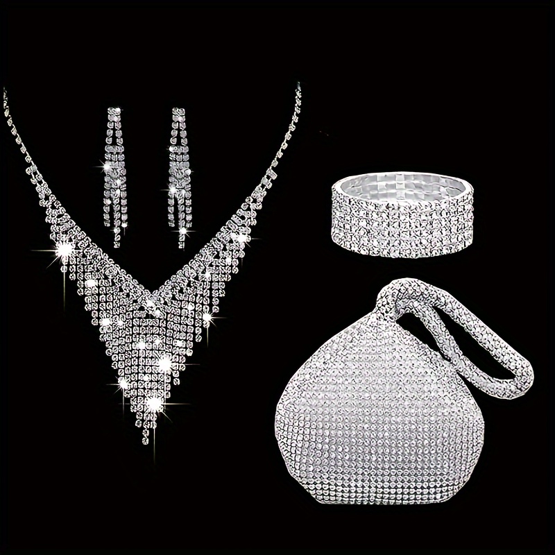 

Elegant 4-piece Jewelry Set With Rhinestone Embellished Handbag, Necklace, Earrings, And Bracelet For Women - Alloy Construction, Ideal For Parties, Weddings, Valentine's Day Gifts