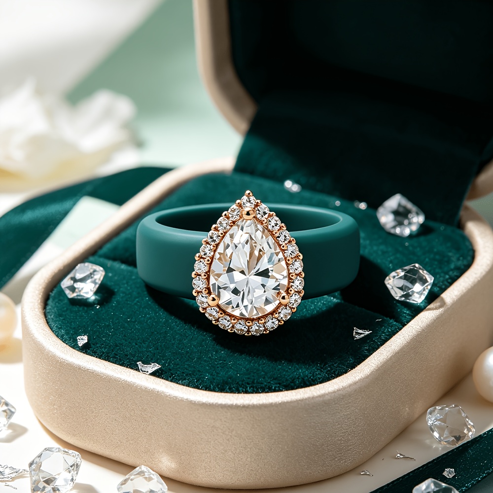 Teardrop-shaped Dark Green Zirconia Silicone Ring, Lightweight