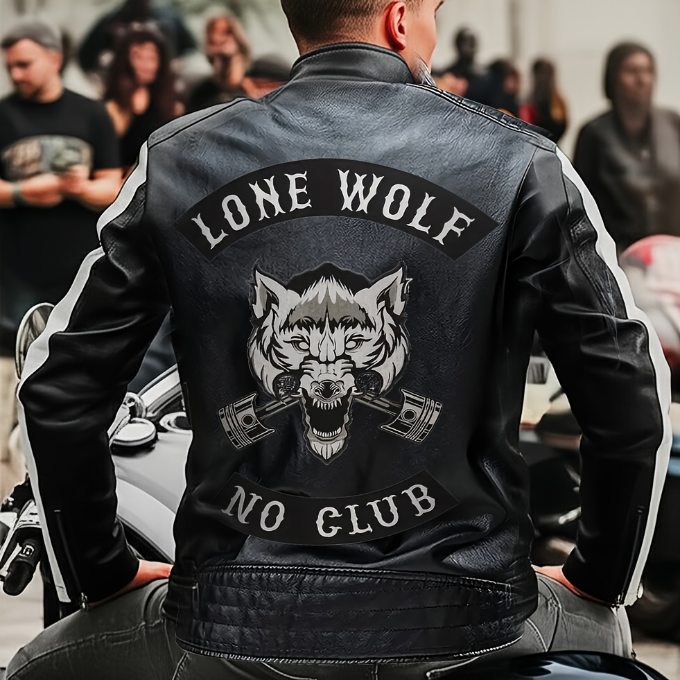 mens pu leather biker jacket wolf wolf emblem black - Temu Georgia