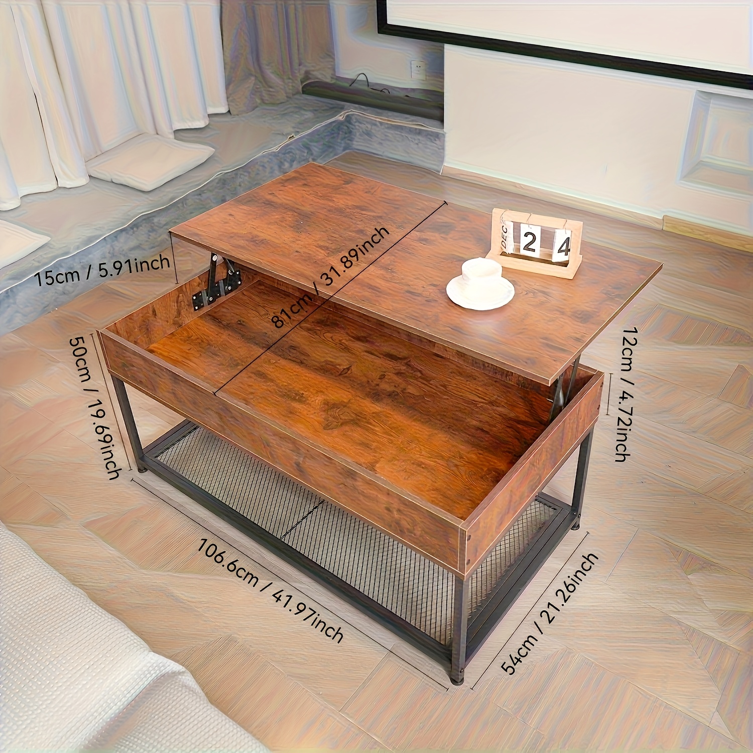 1 Adjustable Coffee Table With Storage Rack And Hidden Compartments, Modern Living Room Adjustable Table, Wooden Adjustable Tabletop, Metal Frame - Country Brown
