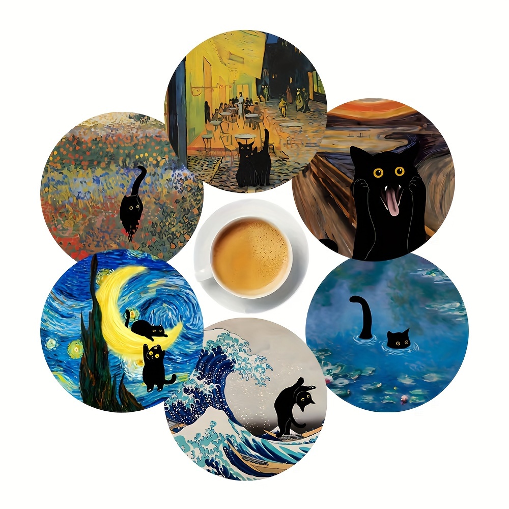 Image of 6pcs, Funny Kitten, Abstract Painting With Black Cat Wooden Coaster Set, Tea Coaster, Coffee, Beverage Mug Coaster For Home And Restaurant, Housewarming Gift