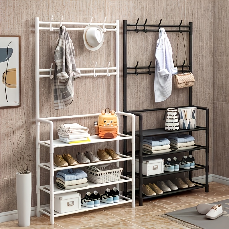4-5 Tier Hallway Organizer with 8 Hooks - Space-Saving, Easy to Assemble, Durable Design for Entryways And Bedrooms, Minimalist Style - Black/White, Perfect for Entryway Storage, Freestanding Shoe Rack