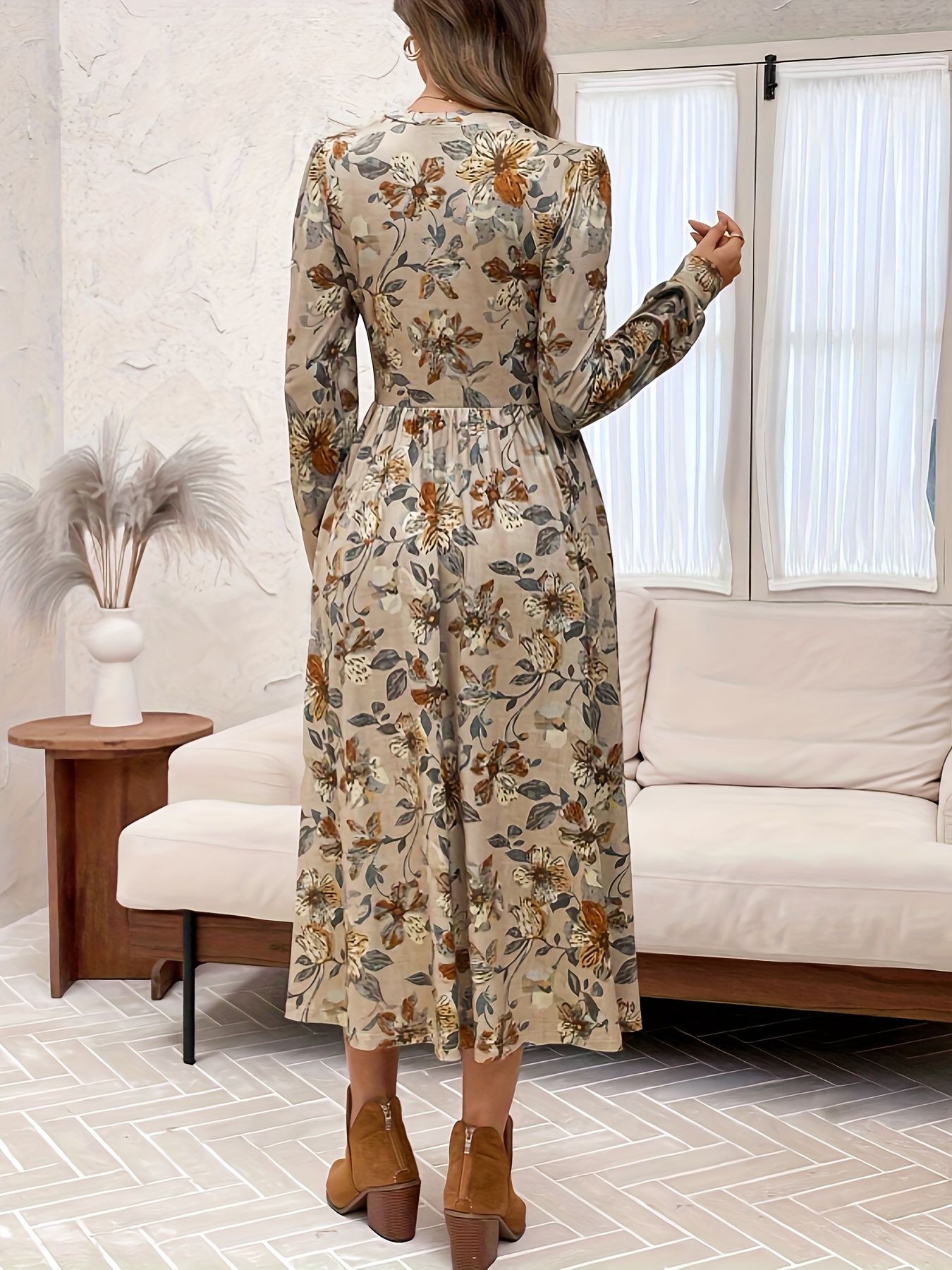 womens elegant floral print dress waist cinching detail long