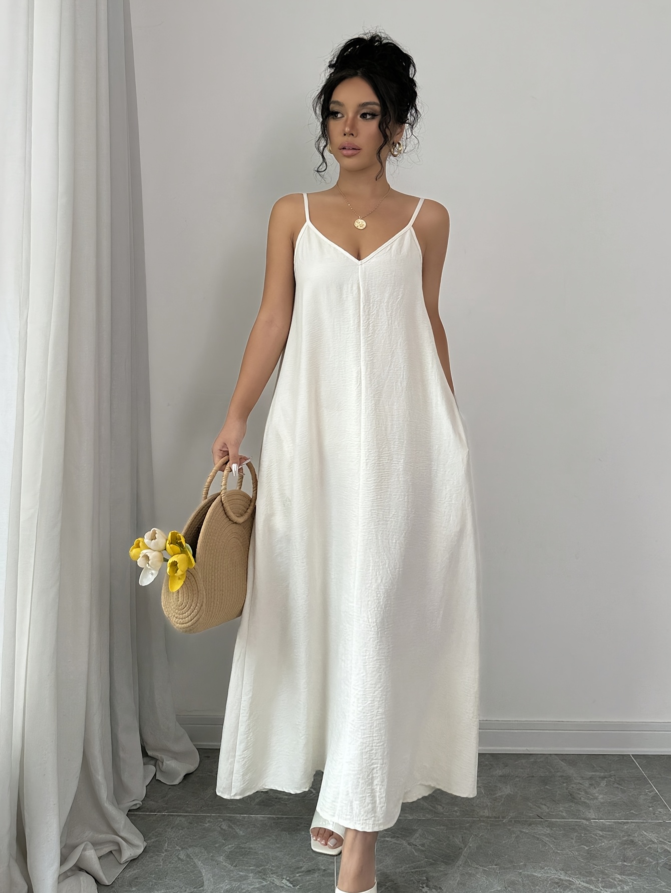 a white v neck long sleeve maxi dress a solid color summer Temu