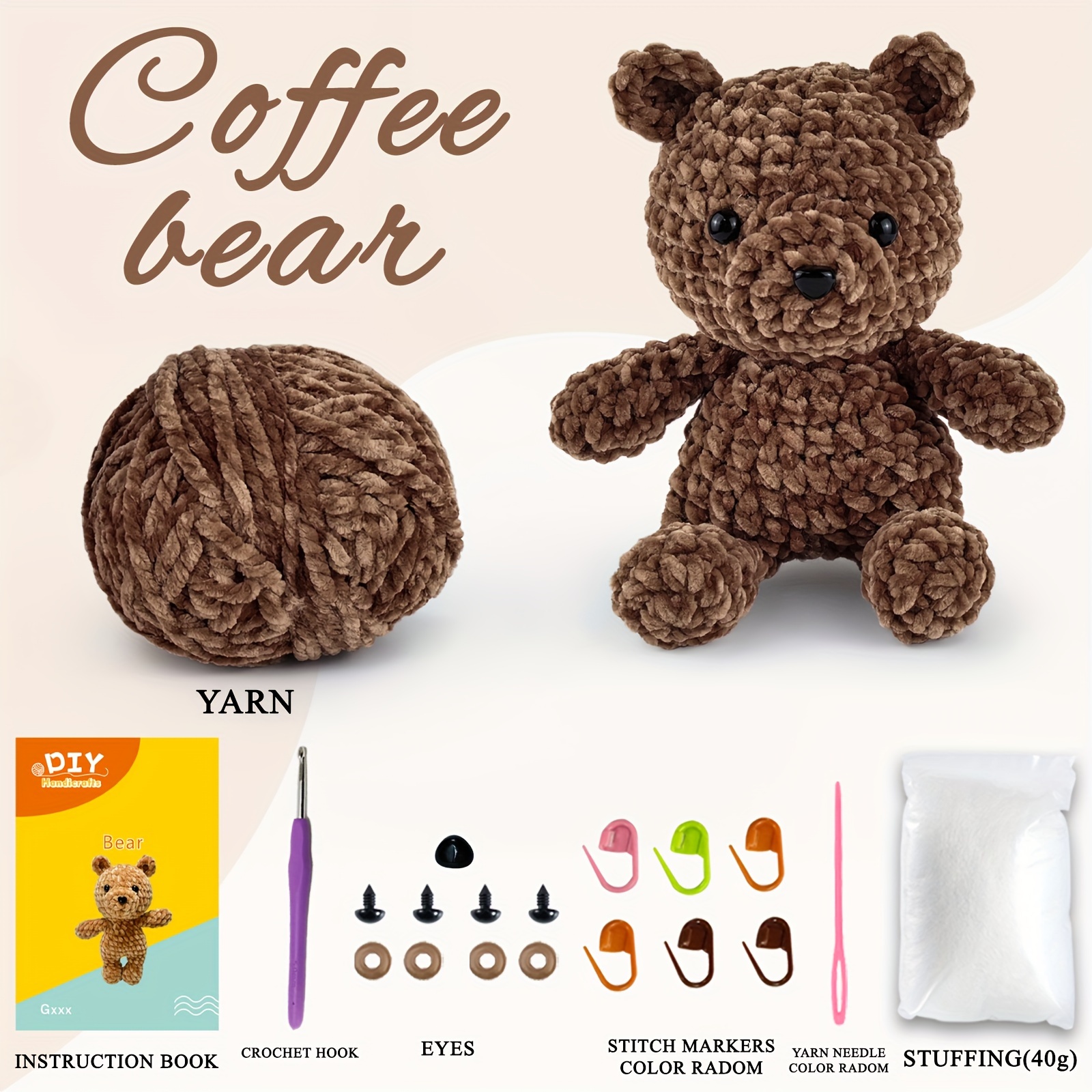 

Diy Crochet Kit For Beginners - Dark Brown Coffee Bear With Instruction Book And Video Tutorial - All-season Fabric Crafting Set With Tools And Accessories