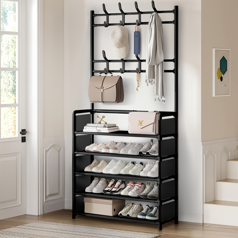 TEMU Premium Freestanding Coat Rack - 80cm Hallway Shoe Rack With 4 Or 5 Storage Compartments, 8 Double Hooks And Organizing Space - Requires Easy