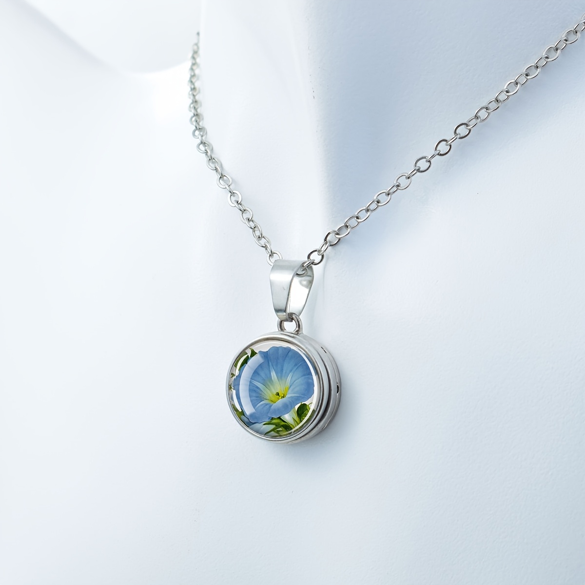 Floral Design Dome Glass Button Style Necklace